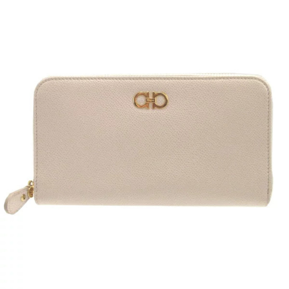 Salvatore Ferragamo Gancini Leather Ivory White JASMINE FLOW Zip Long Wallet